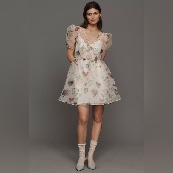 Farm Rio X Anthropologie Semi Sheer Puff Sleeve Mini Dress NWT Size XS Hearts - Picture 1 of 9
